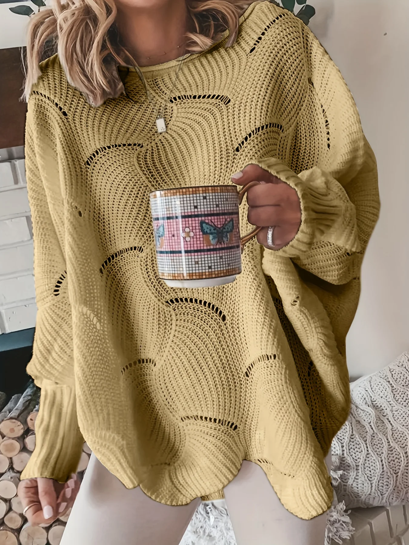 deanwangkt-1  Solid Cutout Irregular Hem Knit Sweater, Casual Crew Neck Long Sleeve Pullover Sweater, Women's Clothing - Deanwangkt