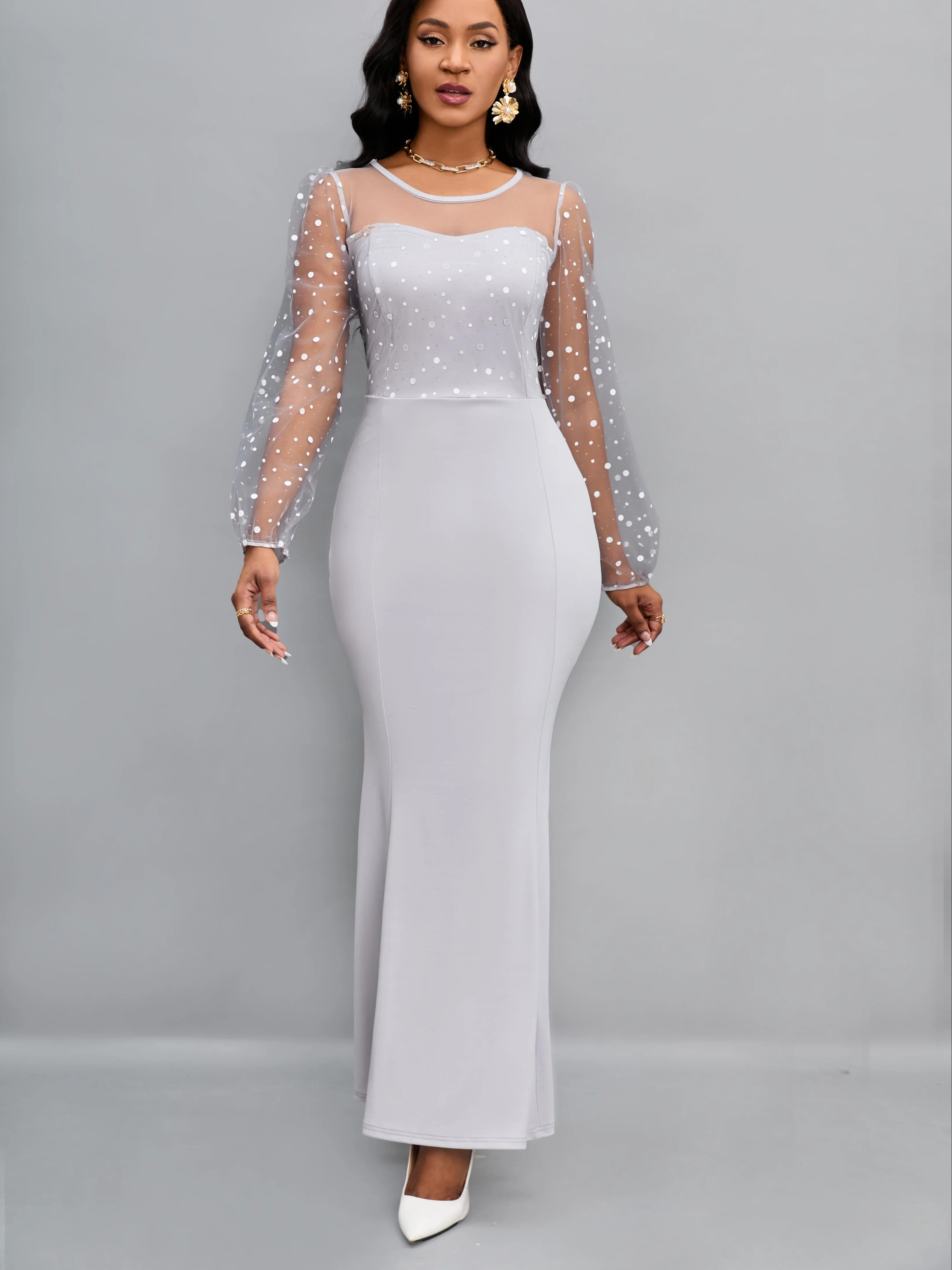 deanwangkt-1  Round Neck Mesh Stitching Dress, Elegant Slim Long Sleeve Waist Long Dresses, Women's Clothing - Deanwangkt