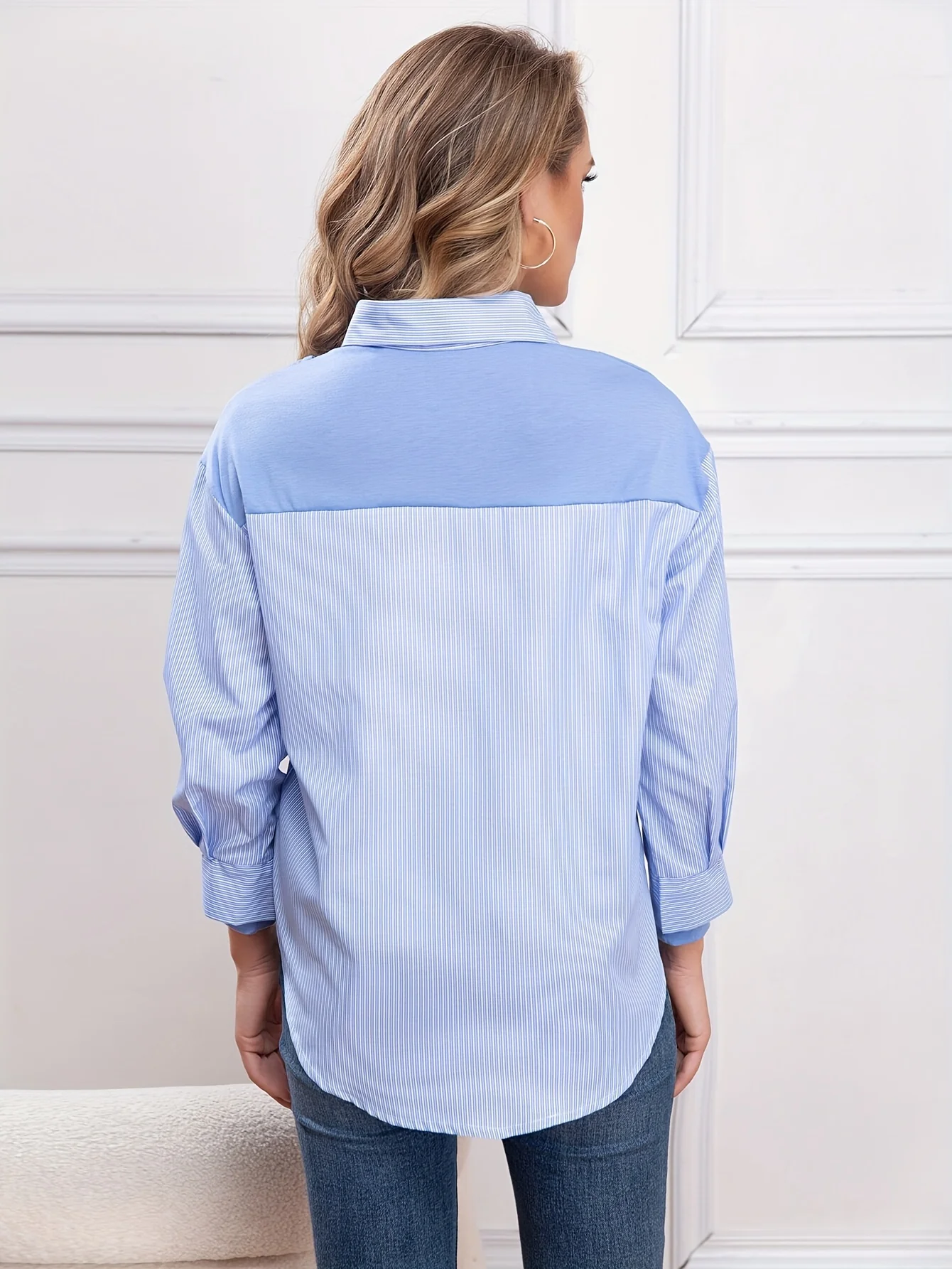 Tie Front Stripe Print Polo Collar Blouse, Casual Long Sleeve Blouse For Spring & Fall, Women's Clothing - Deanwangkt