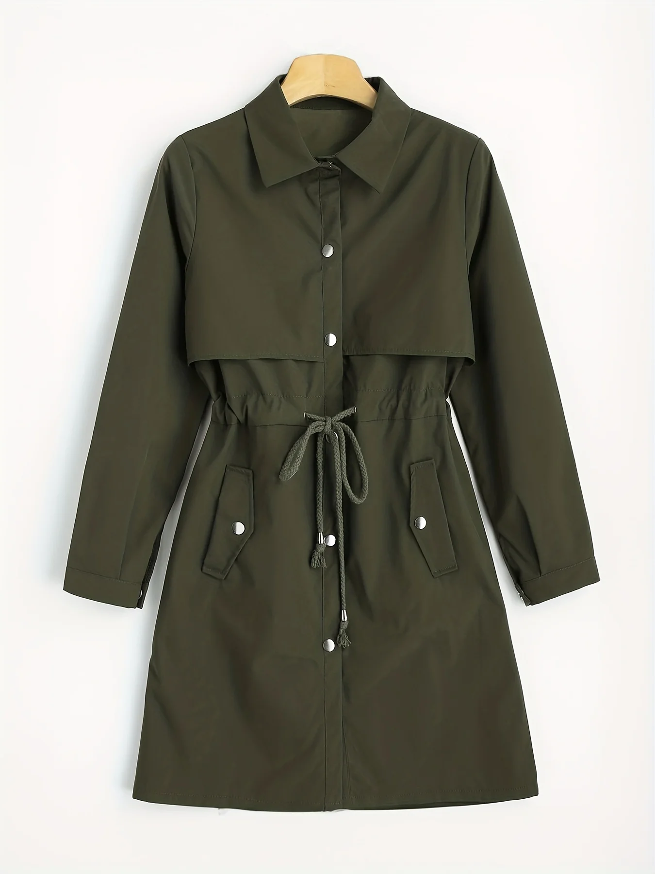 Button Front Drawstring Trench Coat, Casual Solid Long Sleeve Outerwear, Women's Clothing - Deanwangkt