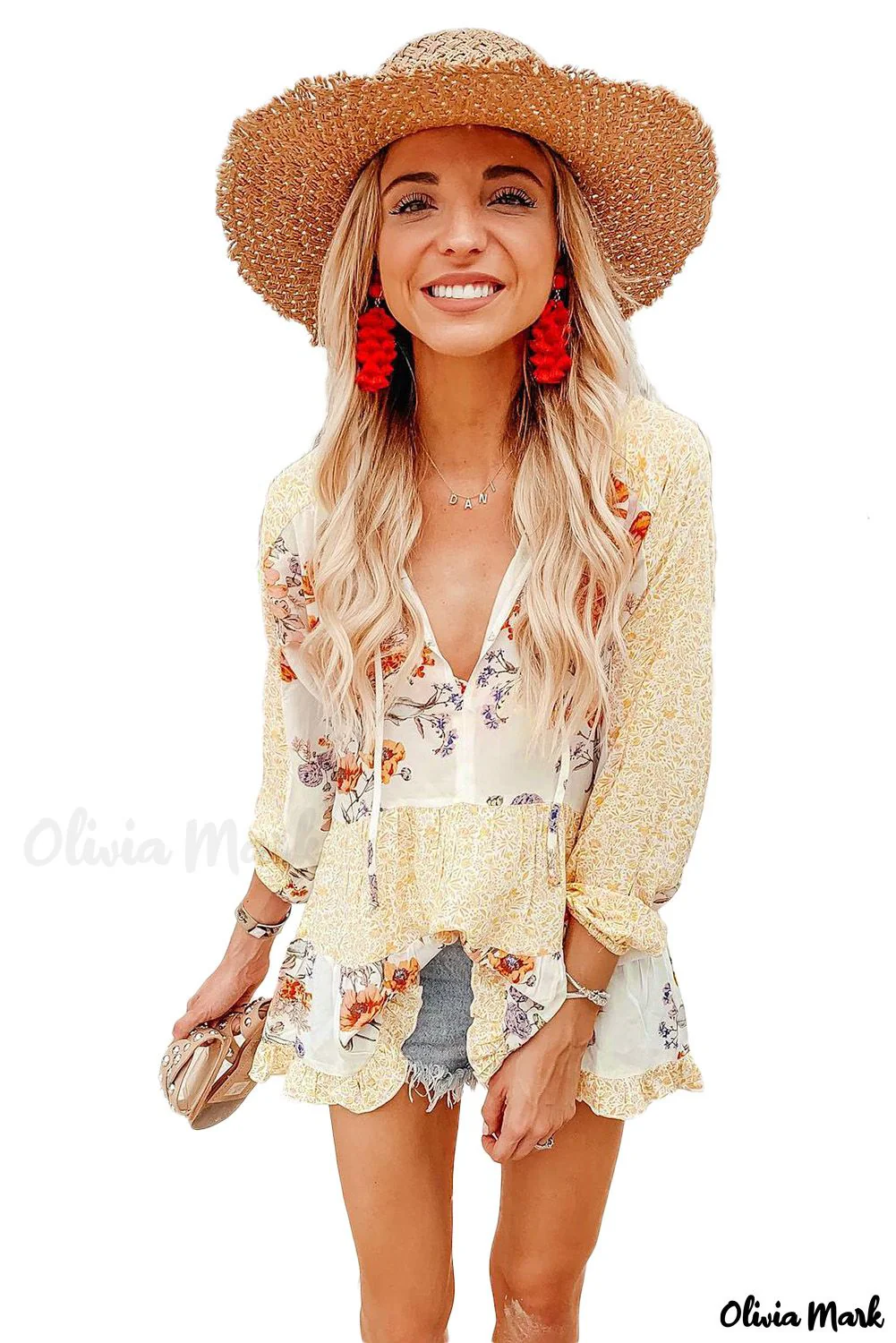 Deanwangkt - Yellow Floral Print V-Neck Ruffle Blouse - Deanwangkt