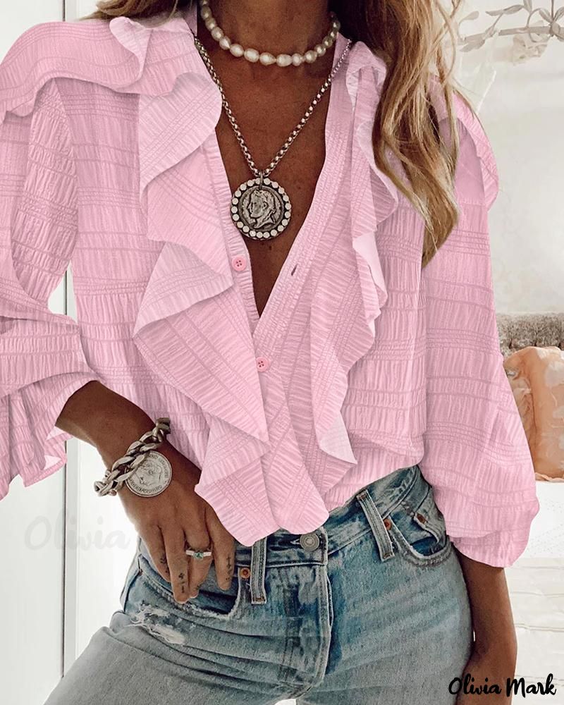 Deanwangkt - Textured Long Sleeve Blouse with Ruffled Hem - Deanwangkt