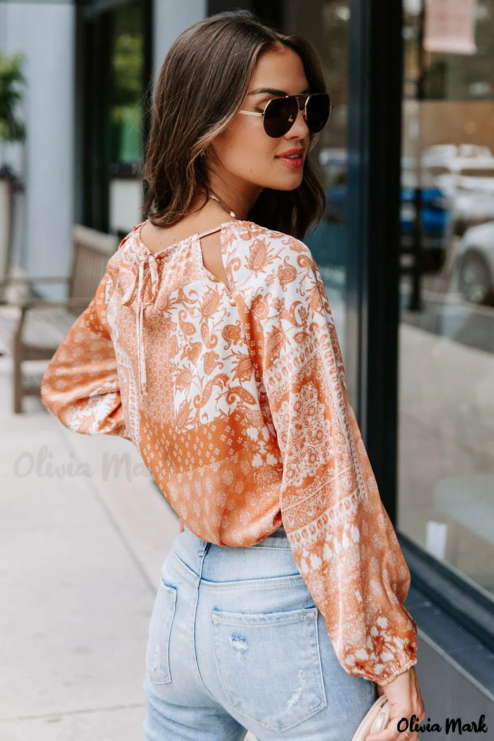 Deanwangkt - Orange round neck bohemian print blouse with drawstring - Deanwangkt