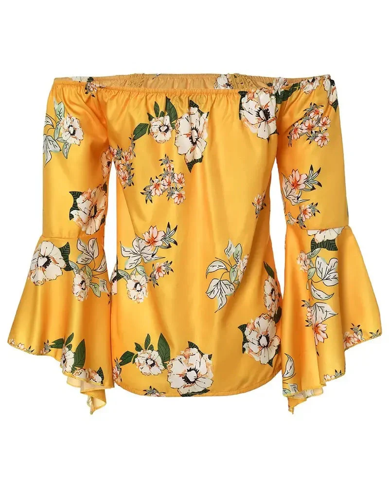 Deanwangkt - Off-the-Shoulder Floral Print Bell-Sleeve Top - Deanwangkt