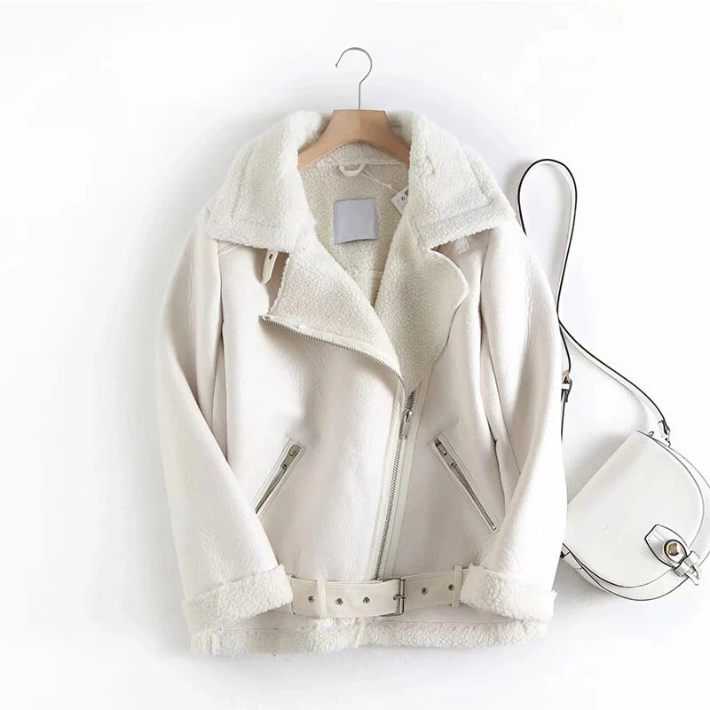 Black Friday Sales New Autumn Winter Women Thick Warm Faux Sheepskin Fur Coat With Belt Moto Biker Zipper Loose Jacket Aviator Casaco - Deanwangkt