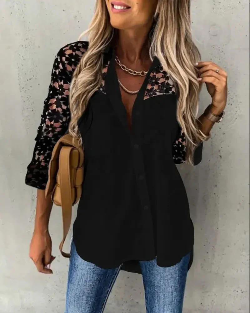 Deanwangkt - Contrast Lace Long Sleeve Button Down Shirt - Deanwangkt