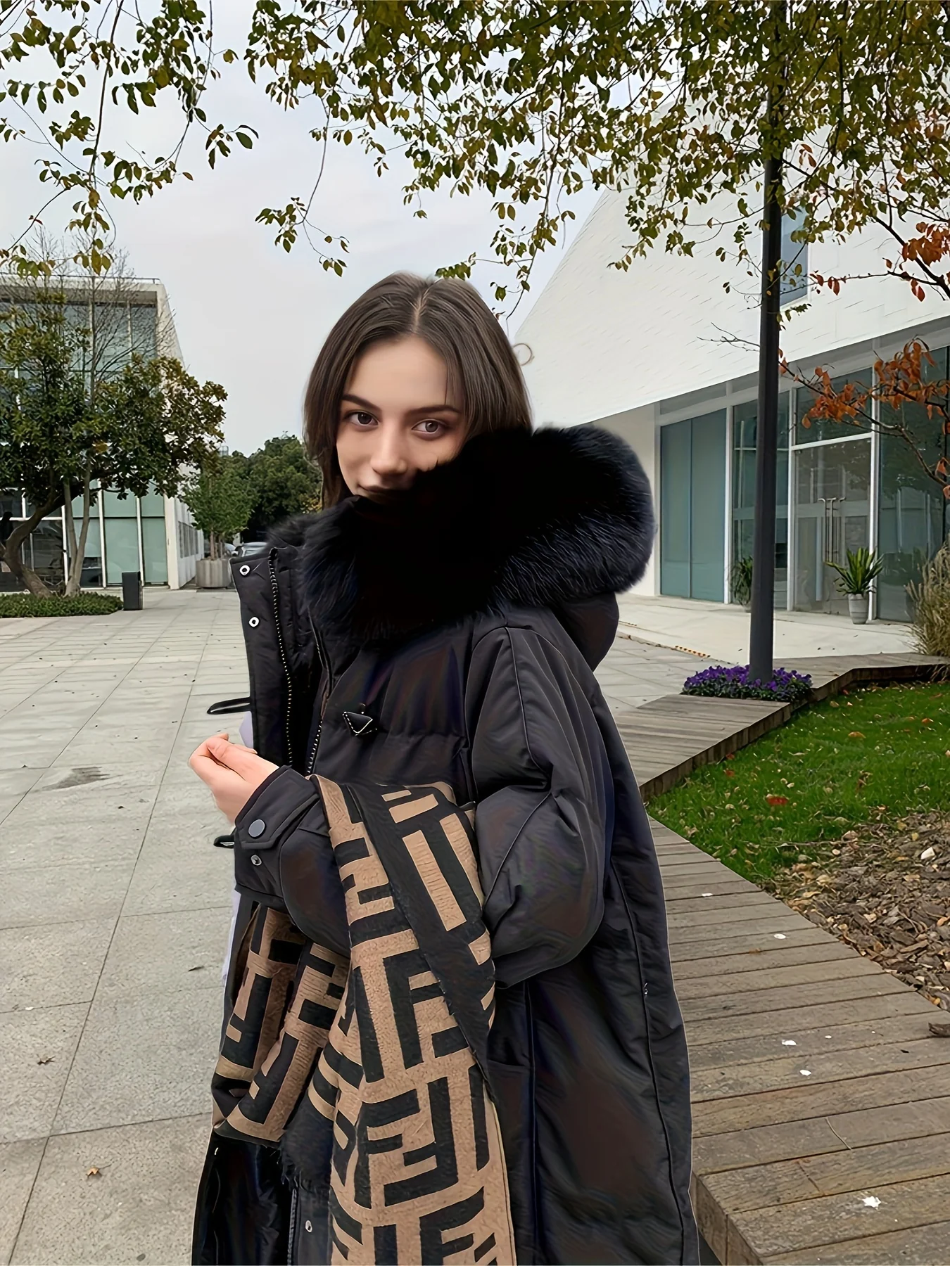 Fuzzy Trim Warm Hooded Coat, Casual Open Front Long Sleeve Winter Outerwear, Women's Clothing - Deanwangkt