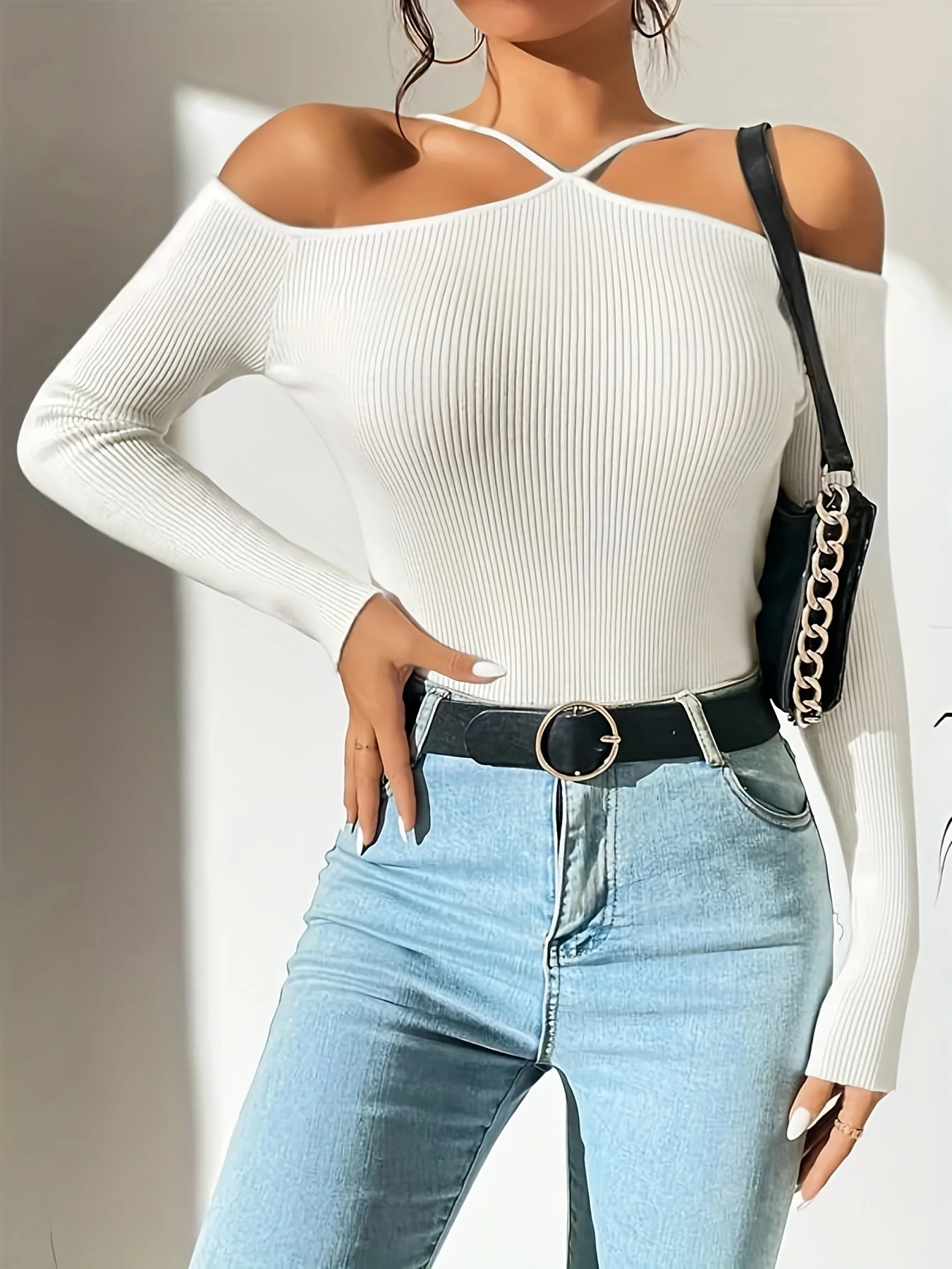 Ribbed Cold Shoulder Slim Sweater, Casual Long Sleeve Sweater For Spring & Fall, Women's Clothing - Deanwangkt
