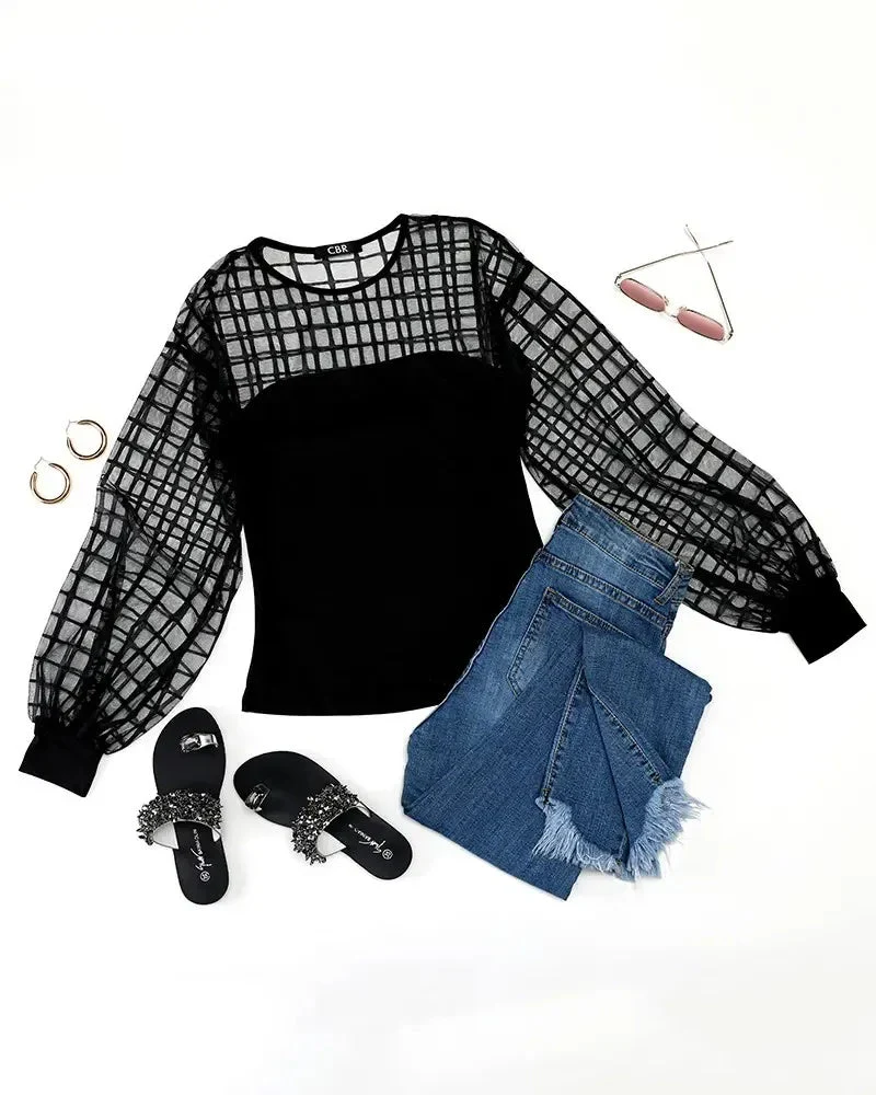 Deanwangkt - Checked Lantern Sleeve Sheer Mesh Top - Deanwangkt