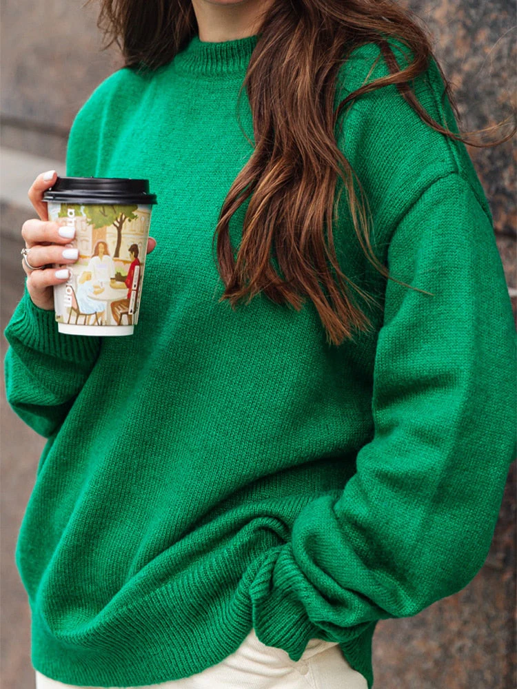 Christmas Gift  Deanwangkt Autumn Winter 15% Wool Sweater Solid Green Round Neck Sweater Soft Warm Knitted Tops - Deanwangkt