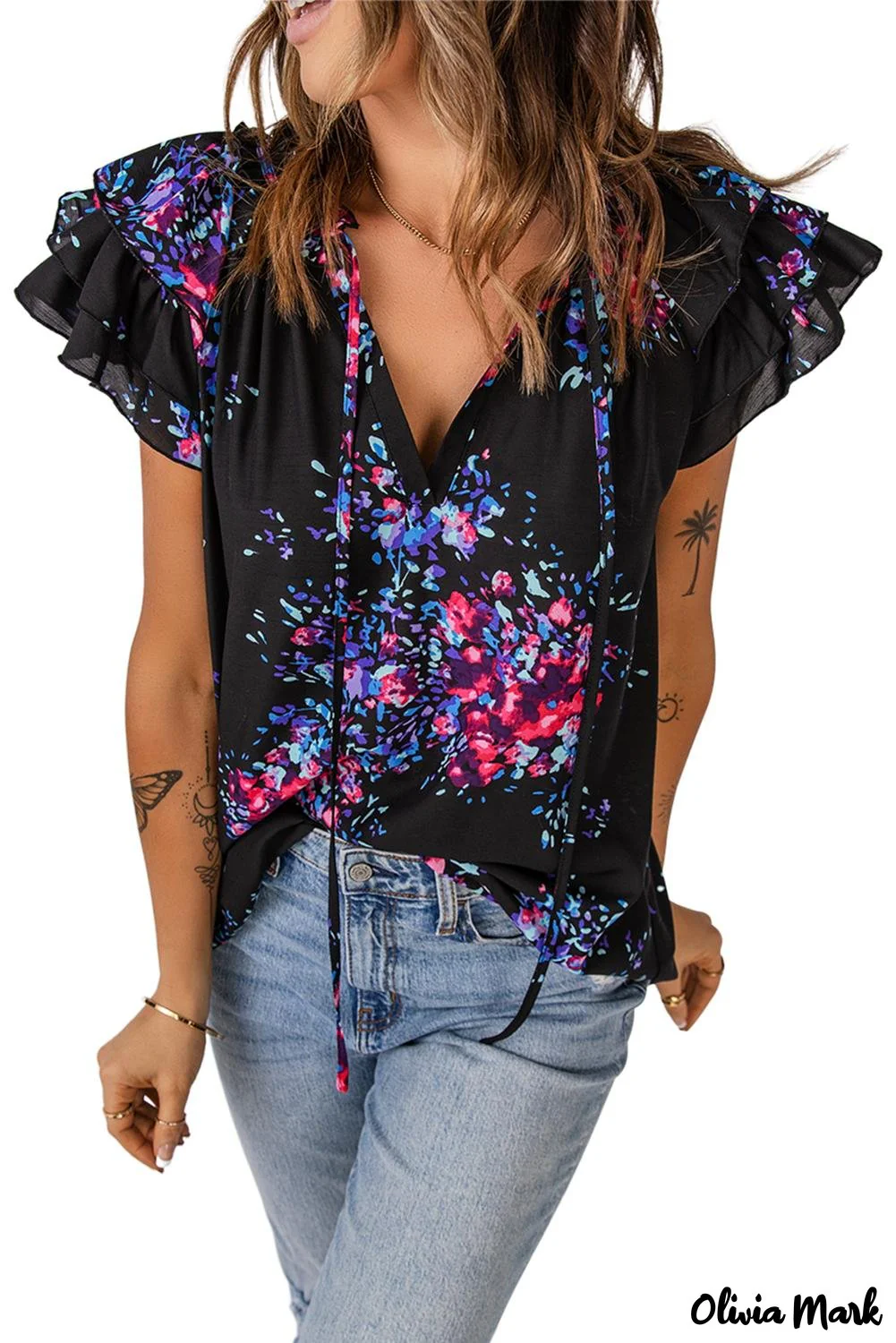 Deanwangkt - Black Tie-Dye Print Split V-Neck Butterfly Sleeve Blouse - Deanwangkt