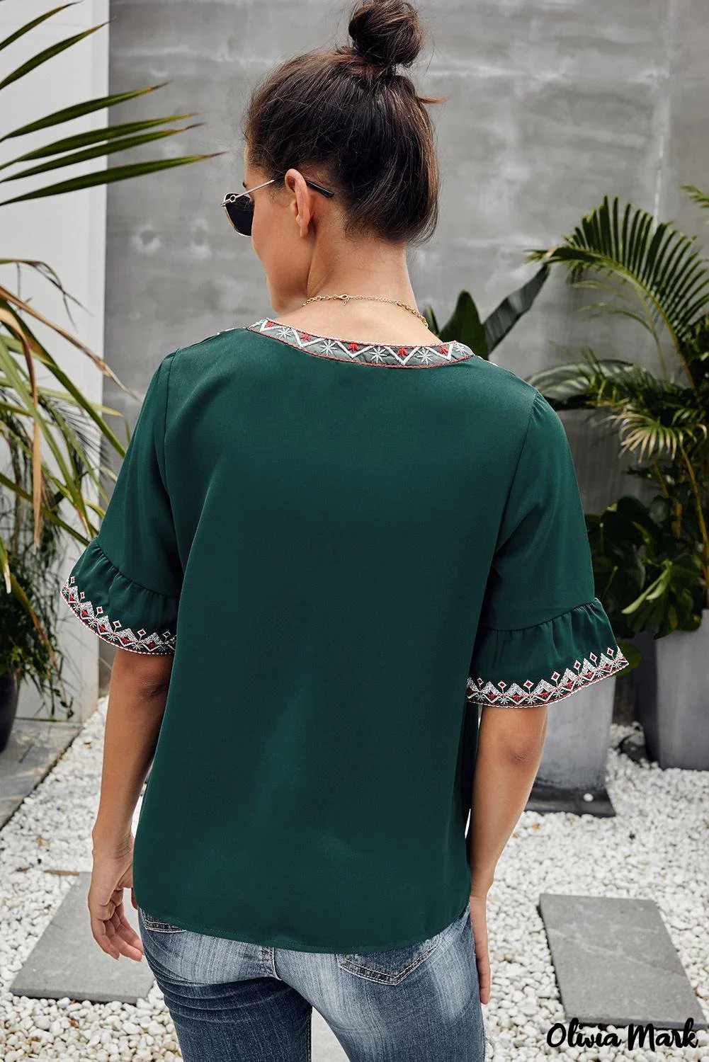 Deanwangkt - Green Bohemian Floral V-Neck Casual Blouse - Deanwangkt