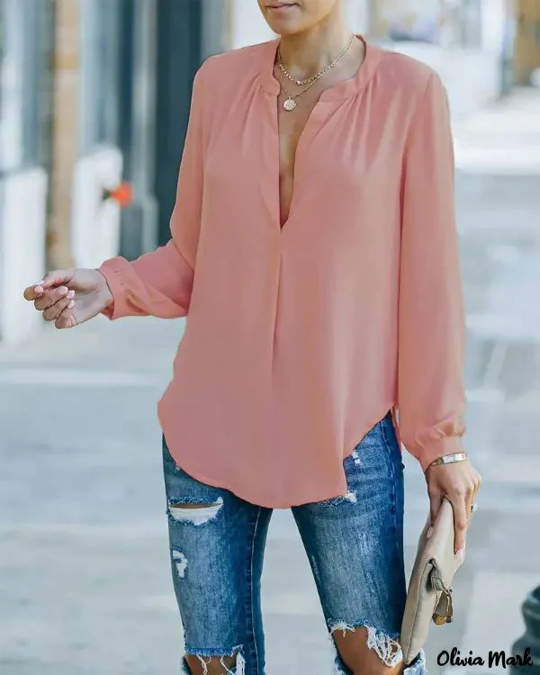 Deanwangkt - Solid Long Sleeve Curved Hem Top - Deanwangkt