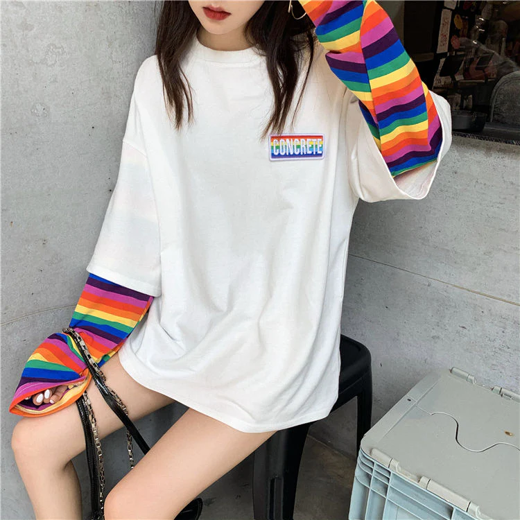 Black Friday Sales Rainbow Sleeve Harajuku T-Shirt Women's Stitching Long Sleeve T-Shirt Stripe Printing O-Neck Chic Tops Deanwangkt Summer Streetwear - Deanwangkt