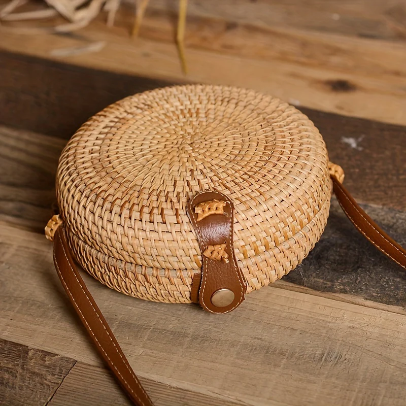 deanwangkt-1 Mini Rattan Woven Round Bag, Boho Style Square Beach Bag, Fashion Straw Braided Crossbody Purses (18.01x7.01cm)) - Deanwangkt