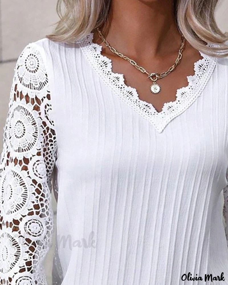 Deanwangkt - Chic V-Neck Long Sleeve Top with Elegant Lace Detailing - Deanwangkt