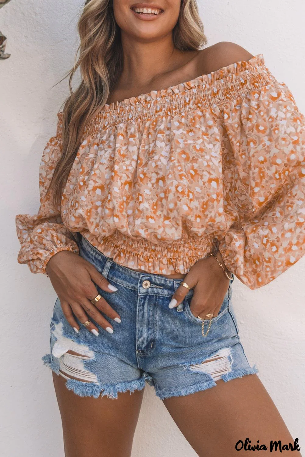 Deanwangkt - Orange Floral Ruched Ruffle Off Shoulder Top - Deanwangkt
