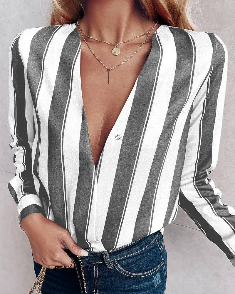 Deanwangkt - Relaxed Deep V Stripe Long Sleeve Blouse - Deanwangkt