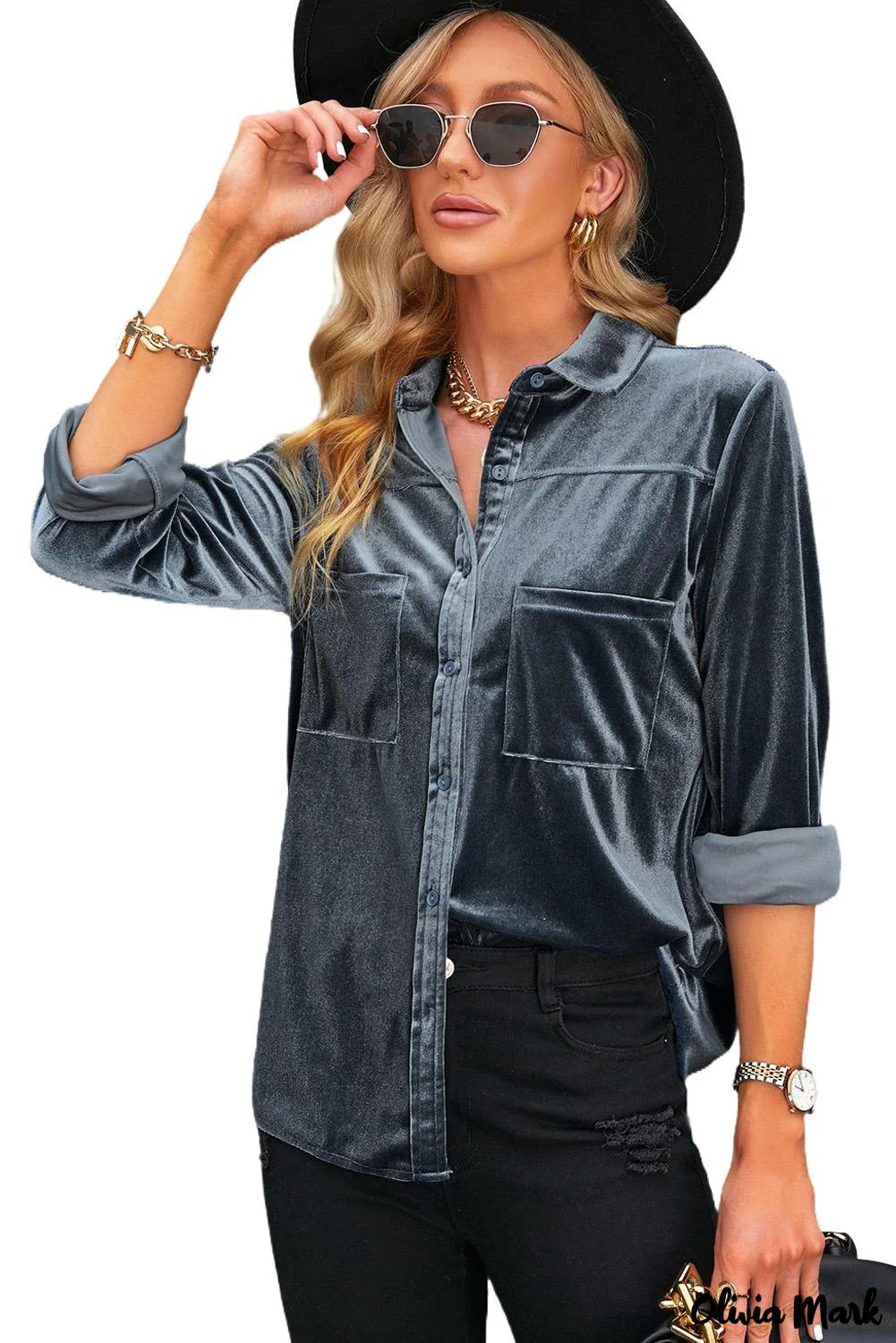 Deanwangkt - Navy Velvet Button Pocket Long Sleeve Shirt - Deanwangkt