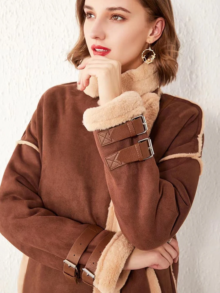Black Friday Sales Autumn Winter Women Faux Suede Leather Fur Long Jacket Streetwear Female Moto Biker Brown Coat Lady Thick Warm Outwear - Deanwangkt