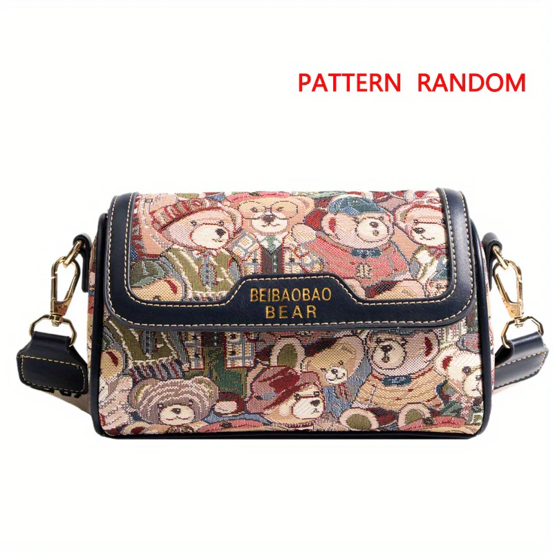 deanwangkt-1 Small Bear Jacquard Shoulder Bag, Cartoon Flap Cylinder Purse, Women's Wide Strap Crossbody Bag (8.66*5.51*4.33) Inch - Deanwangkt