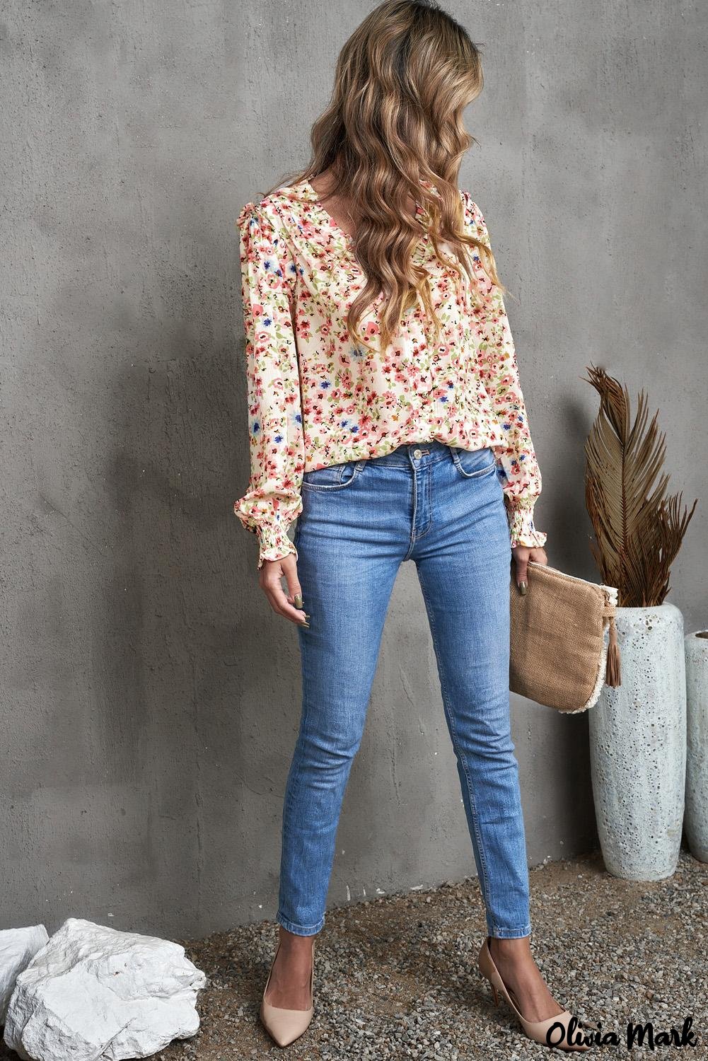Deanwangkt - Floral Print V-Neck Long Sleeve Shirt - Deanwangkt