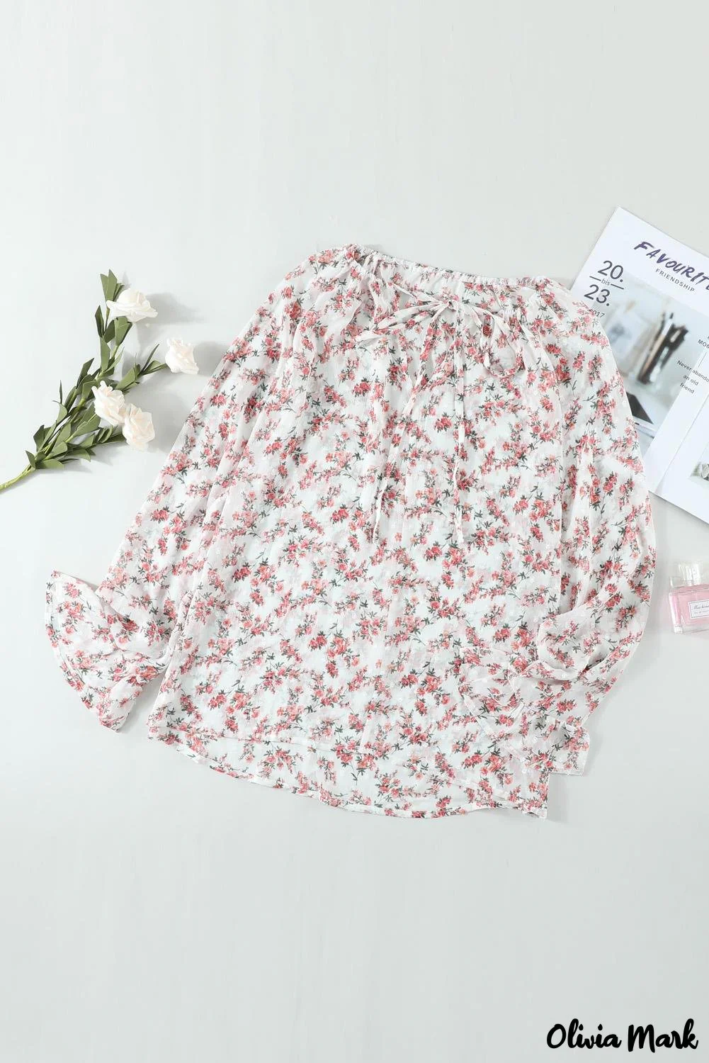 Deanwangkt - Multicolor Floral Print Drawstring Long Sleeve Blouse - Deanwangkt