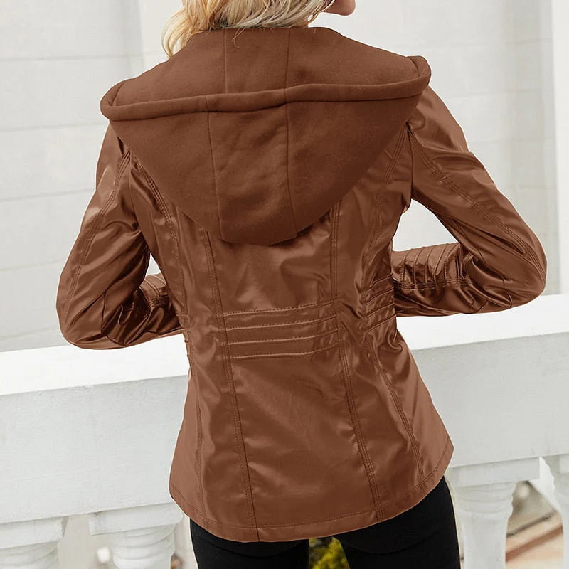 Black Friday Sales Spring Autumn Women Hooded Faux Soft Pu Leather Jacket Streetwear Female Moto Biker Zipper Coat Lady Windproof Outwear - Deanwangkt