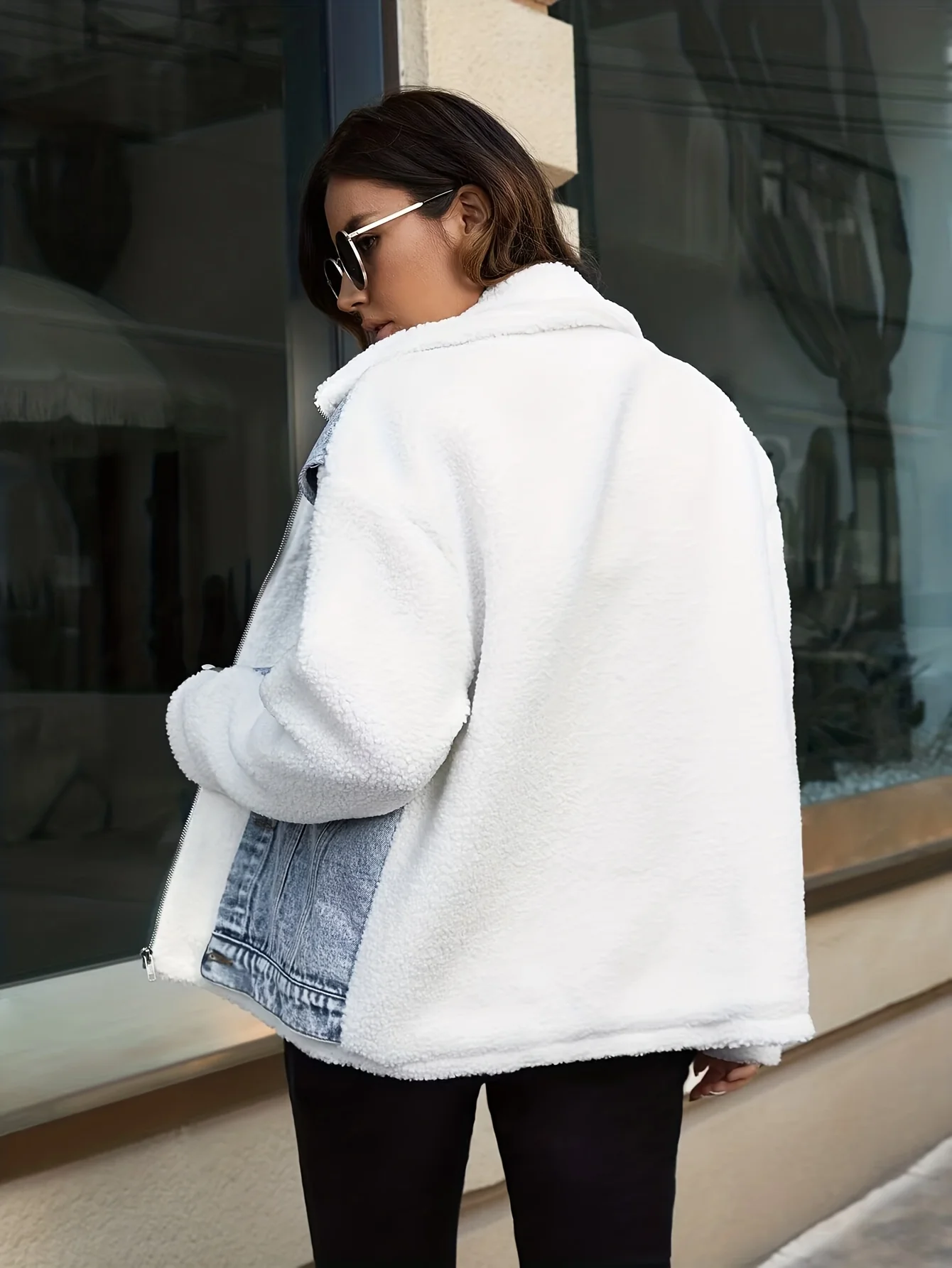 White & Blue Panel Denim Jackets, Furry Drop Shoulder Casual Fluffy Denim Coats, Women's Denim Clothing - Deanwangkt