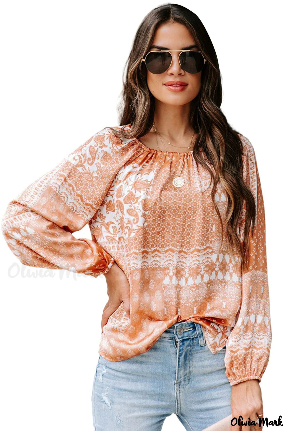 Deanwangkt - Orange round neck bohemian print blouse with drawstring - Deanwangkt
