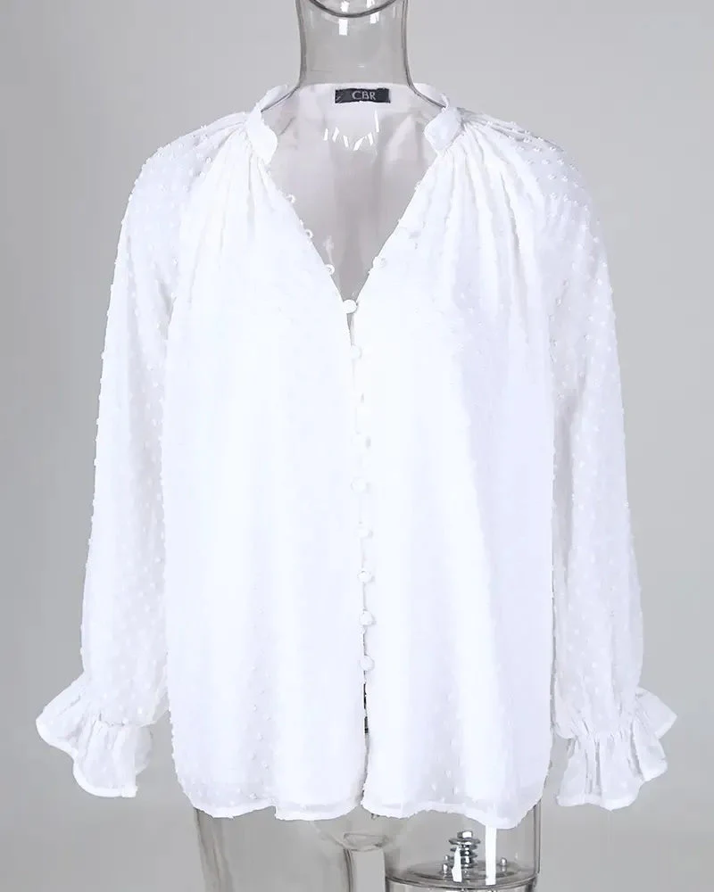 Deanwangkt - Polka Dot Button Long Sleeve Blouse - Deanwangkt