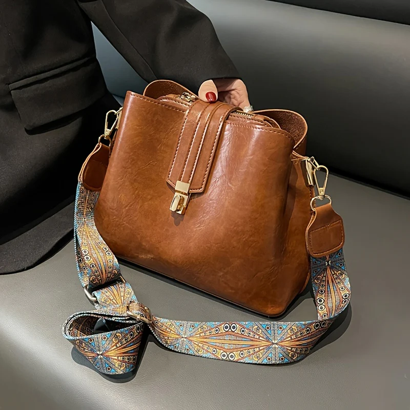 Buckle Decor Bucket Bag, Trendy Wide Strap Crossbody Bag, Women's Faux Leather Purse - Deanwangkt