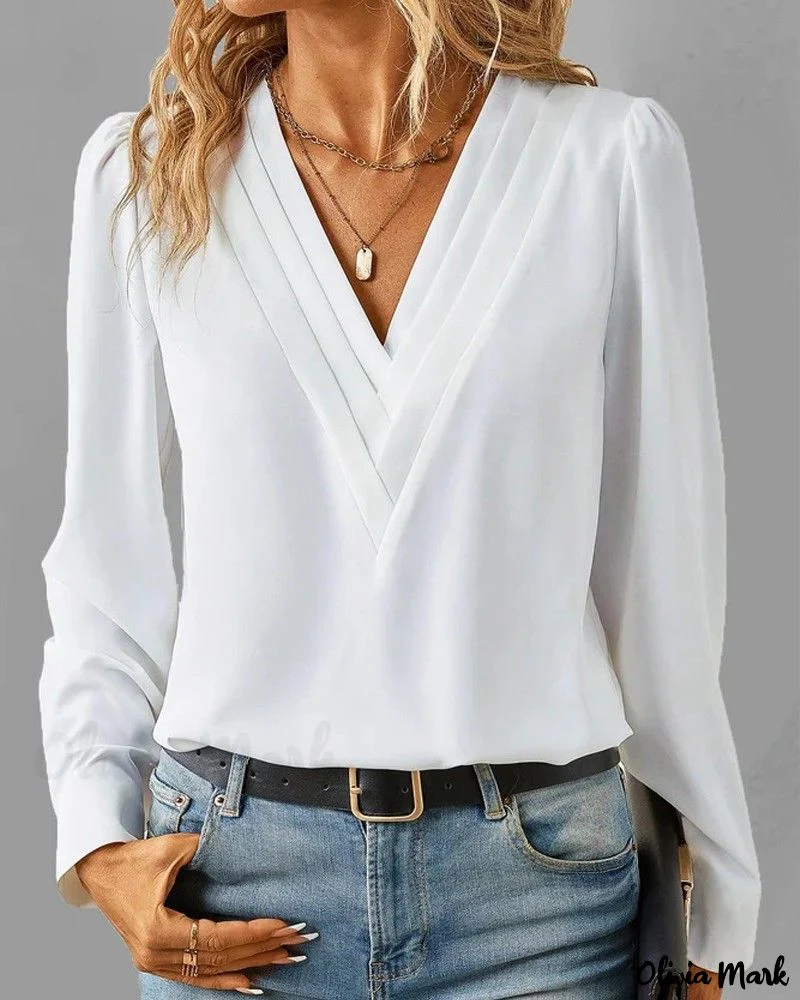 Deanwangkt - V-Neck Long Sleeve Ruched Blouse - Deanwangkt