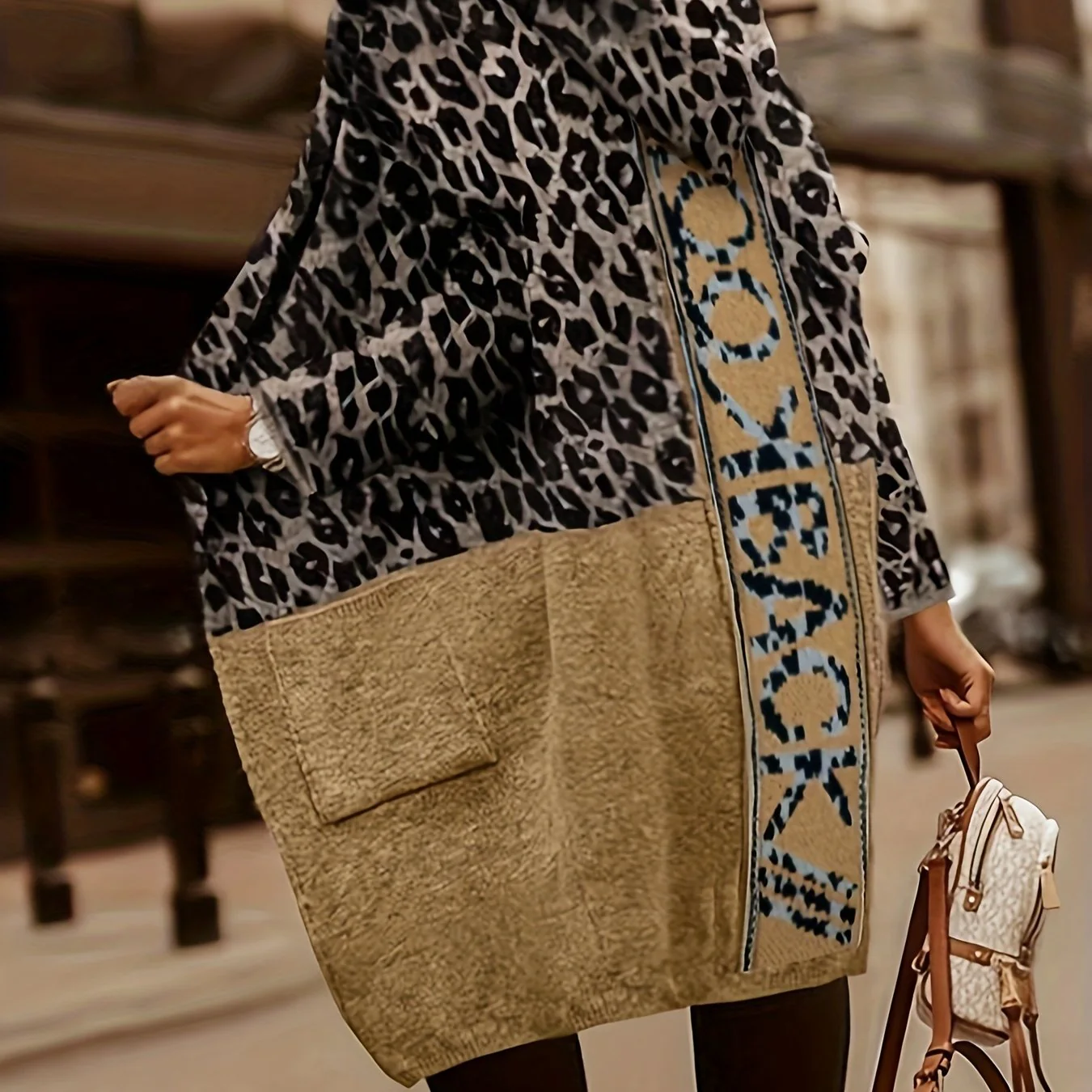 deanwangkt-1  Letter & Leopard Pattern Knit Hooded Cardigan, Casual Open Front Long Sleeve Outerwear With Pocket, Women's Clothing - Deanwangkt