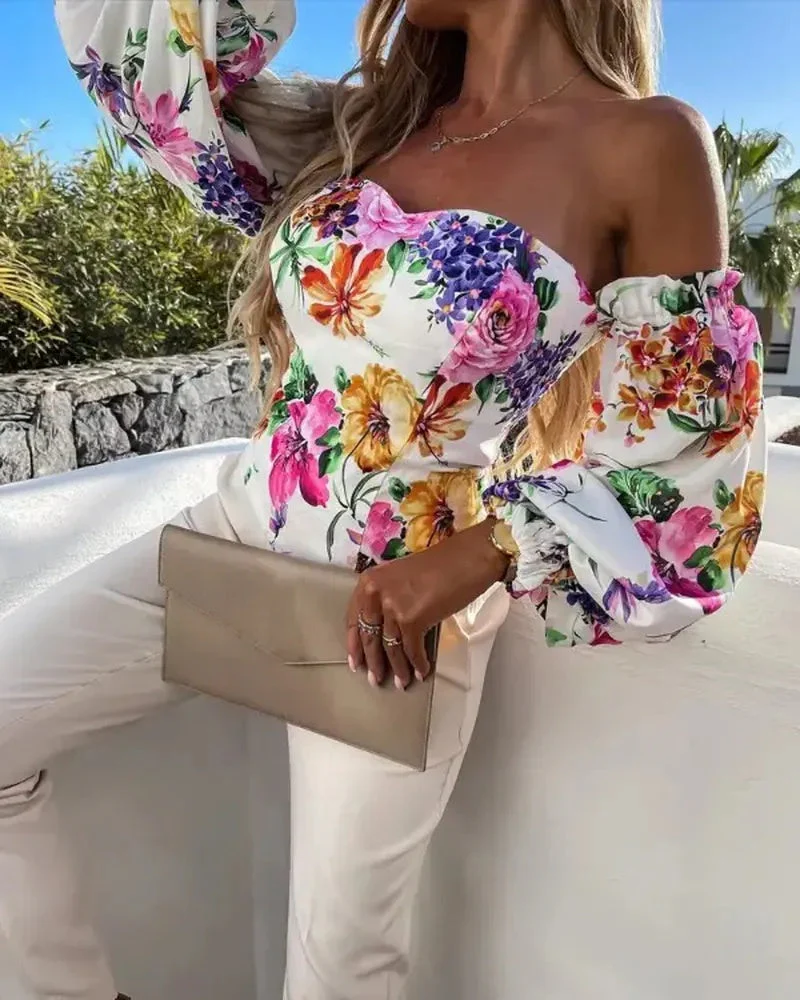 Deanwangkt - Floral Print Off Shoulder Frill Hem Top - Deanwangkt