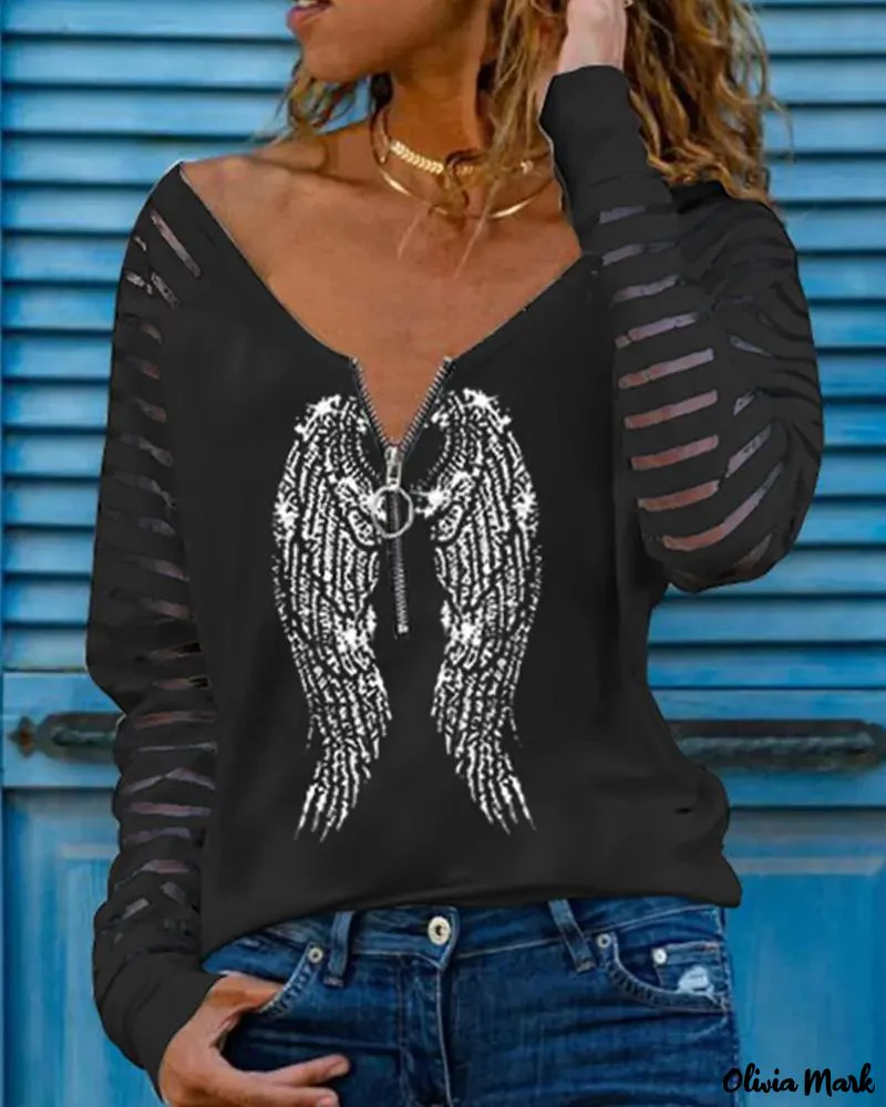 Deanwangkt - Feather Print Long Sleeve Zipper Blouse - Deanwangkt