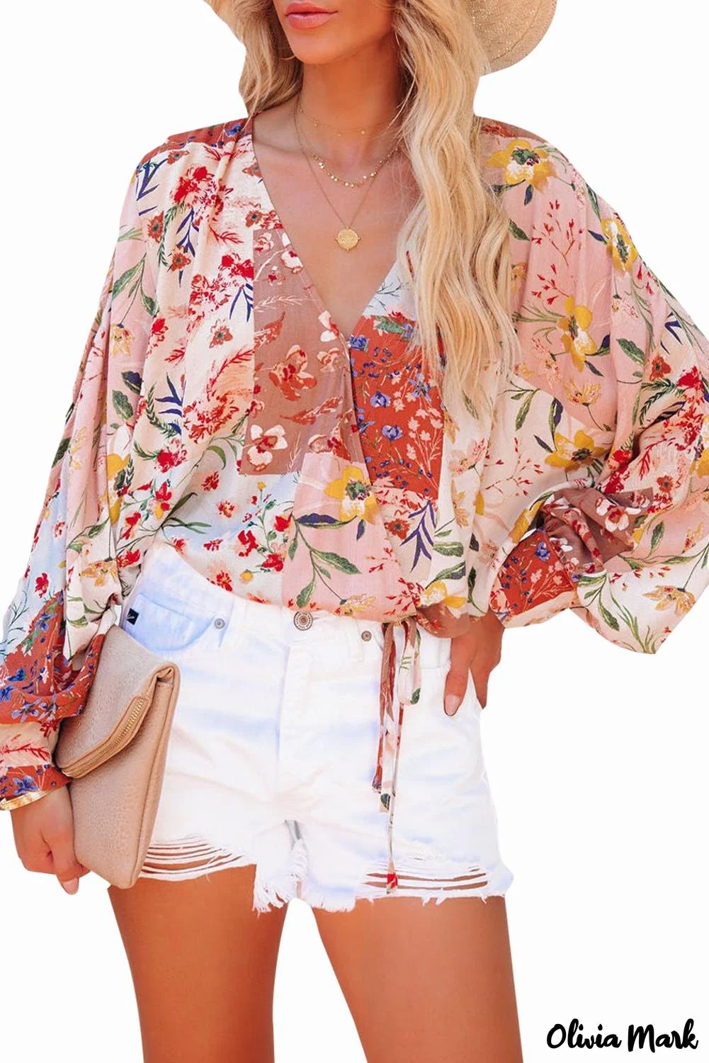 Deanwangkt - Multicolor Patchwork Floral Print V-Neck Wrap Blouse - Deanwangkt