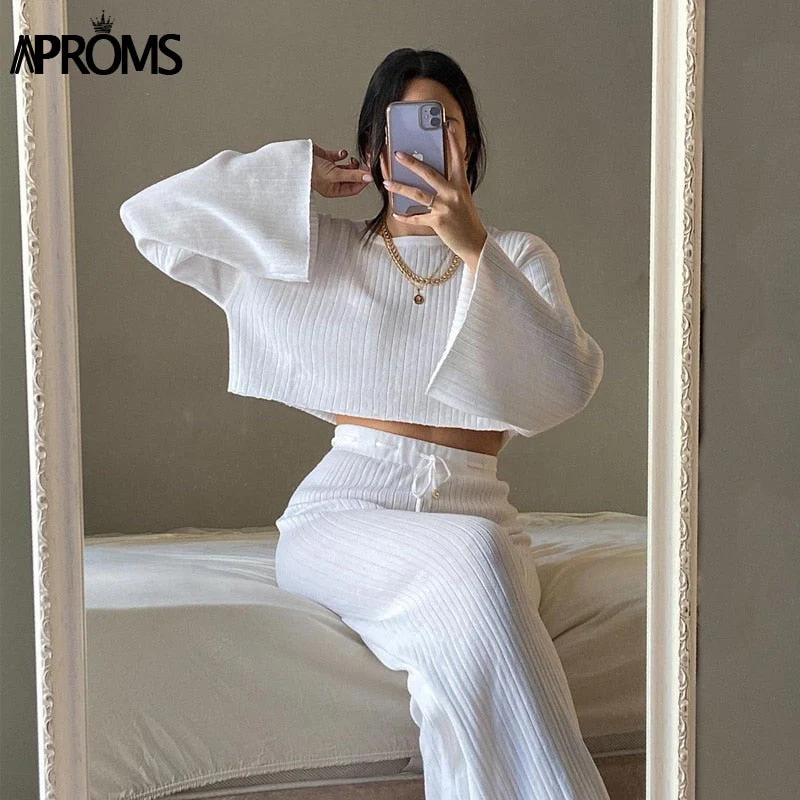 Christmas Gift Aproms White Black Knitted Women's 2 Piece Suits Casual Flare Sleeve Cropped Top and Pants Set Female High Waist Homesuits Deanwangkt - Deanwangkt