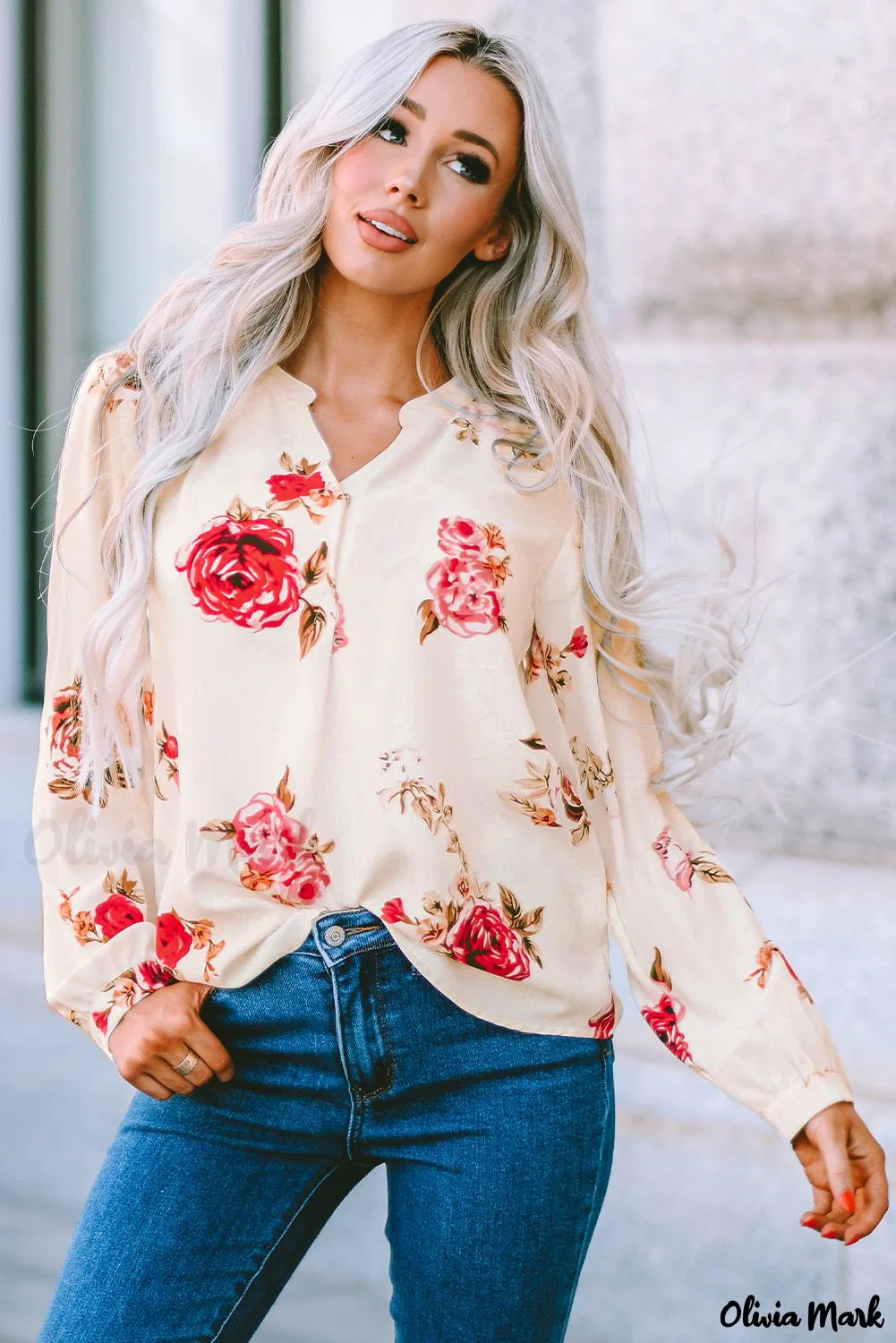 Deanwangkt - Beige Floral Print V-Neck Button Down Blouse - Deanwangkt
