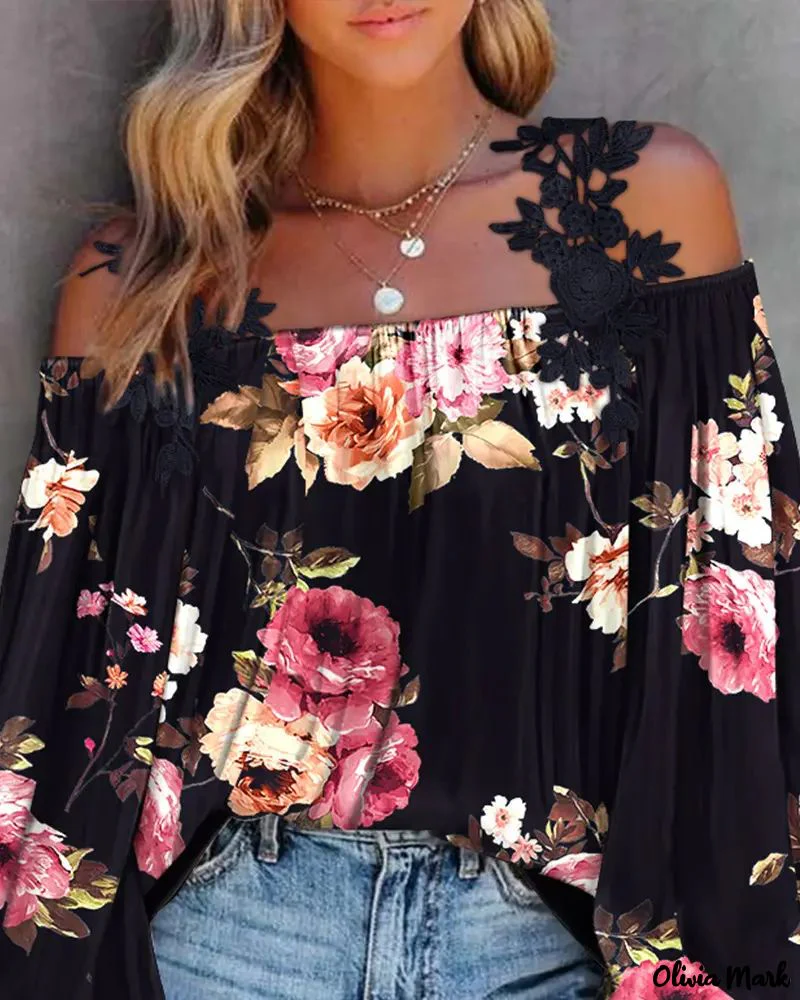 Deanwangkt - Floral Print Lace Patch Off Shoulder Top - Deanwangkt