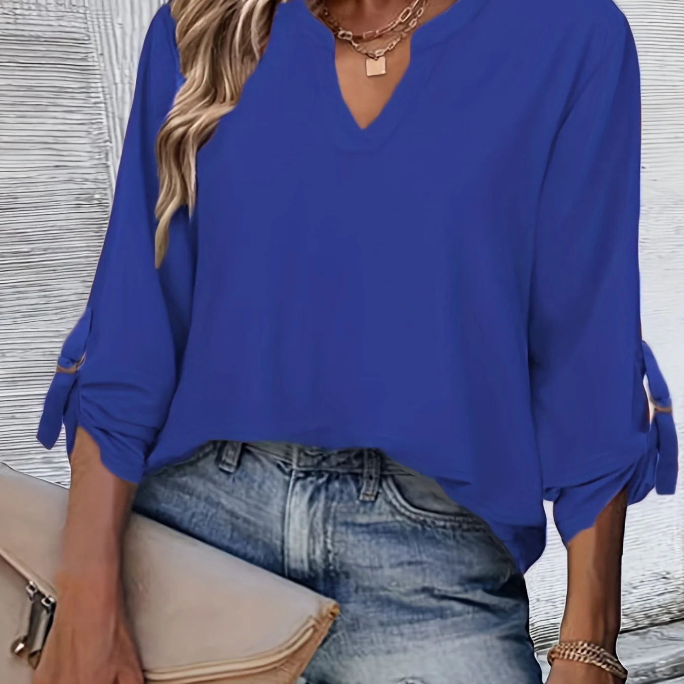 Solid Long Sleeve Blouse, V Neck Casual Every Day Top For Summer & Spring, Women's Clothing - Deanwangkt