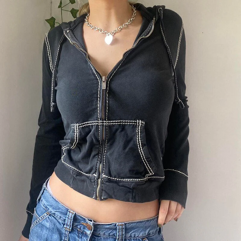 Black Friday Sales Harajuku Vintage Zip Up Hoodies 90S Aesthetics Y2K Sweatshirts With Pockets E-Girls Dark Academia Grunge Coat Crop Top - Deanwangkt