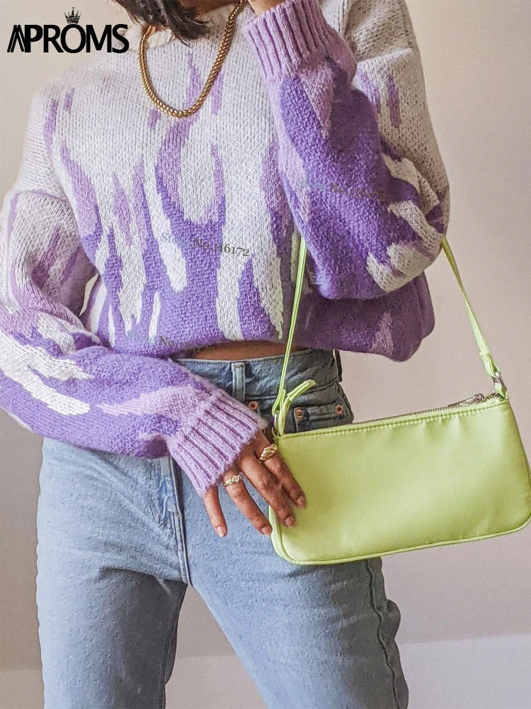 Christmas Gift Aproms Vintage Purple Flame Knitted Oversized Sweaters Women Winter Streetwear Warm Pullovers High Fashion Stretch Jumpers Deanwangkt - Deanwangkt