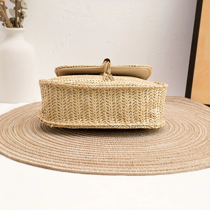 Mini Woven Straw Saddle Bag, Trendy Chain Crossbody Bag, Women's Tassel Beach Bag - Deanwangkt