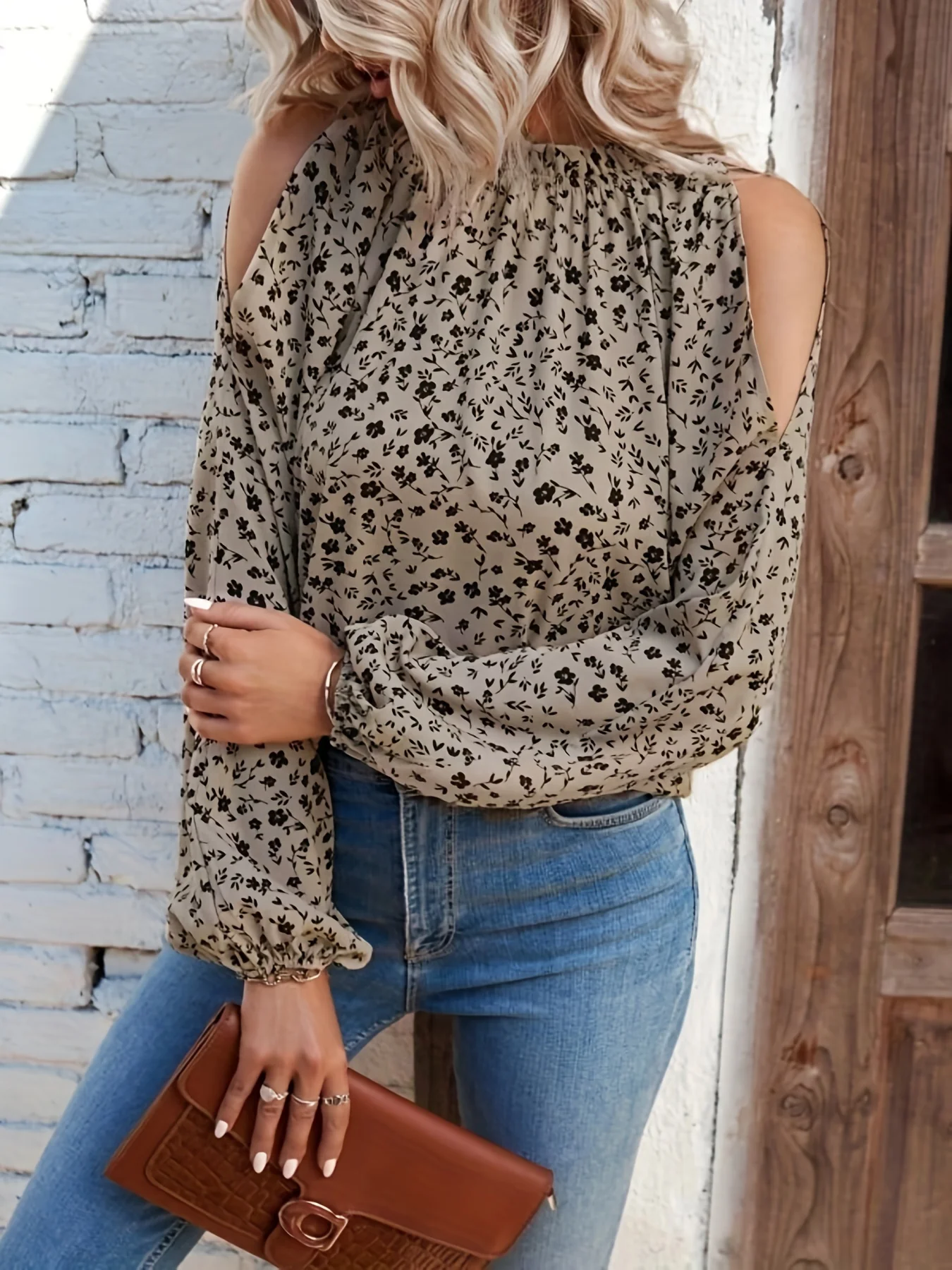 Floral Print Cold Shoulder Blouse, Elegant Ruched Long Sleeve Blouse, Women's Clothing - Deanwangkt