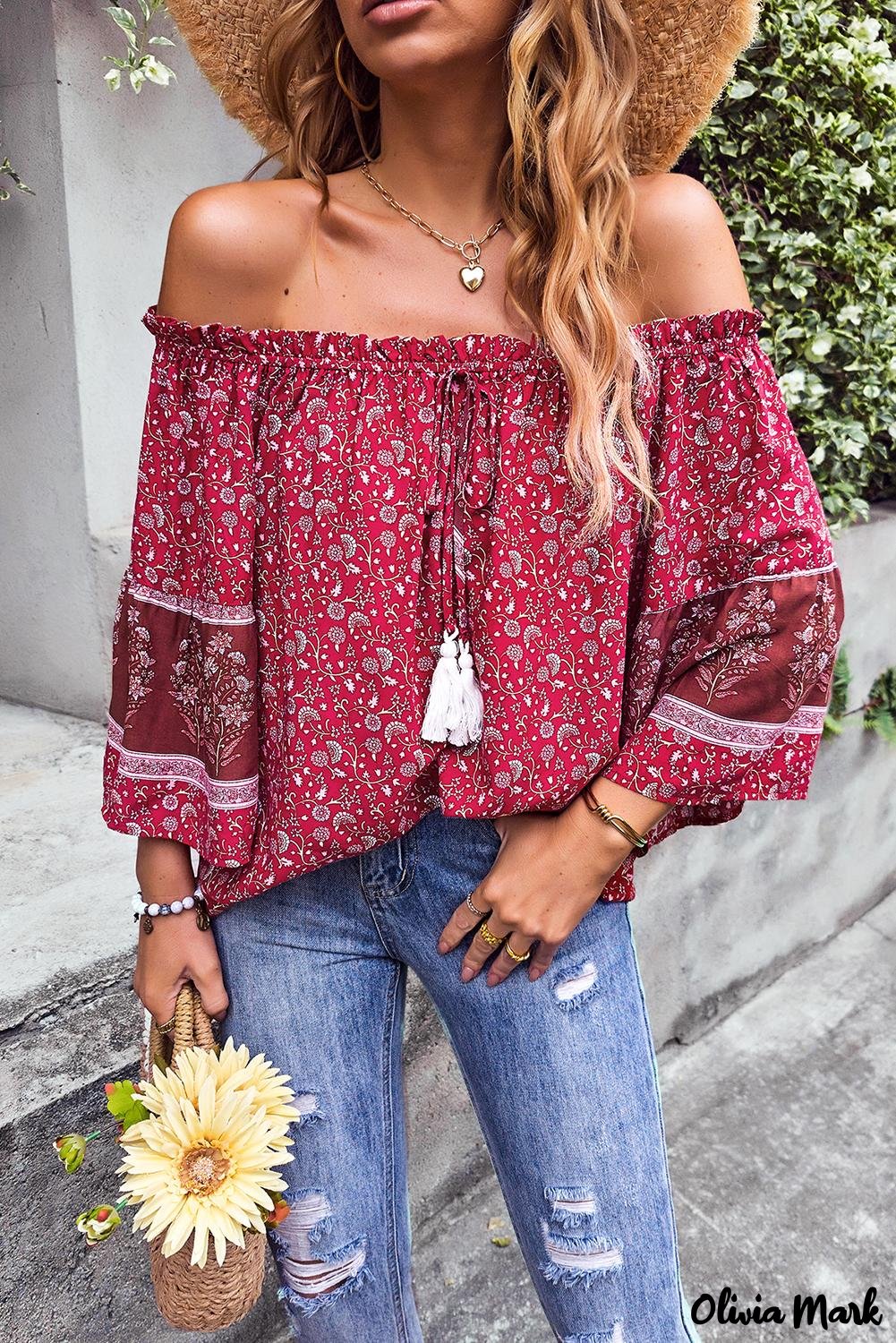Deanwangkt - Red Boho Off Shoulder Floral Print Blouse - Deanwangkt