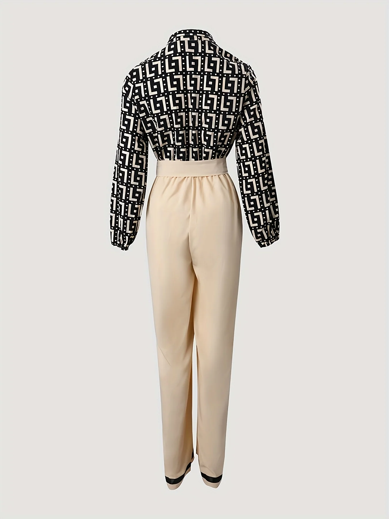 Geometric Print Stitching Jumpsuit, Long Sleeve Lace Up Wide Leg Jumpsuit, Women's Clothing - Deanwangkt