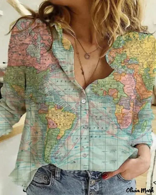 Deanwangkt - Map Print Long Sleeve Button Down Shirt - Deanwangkt