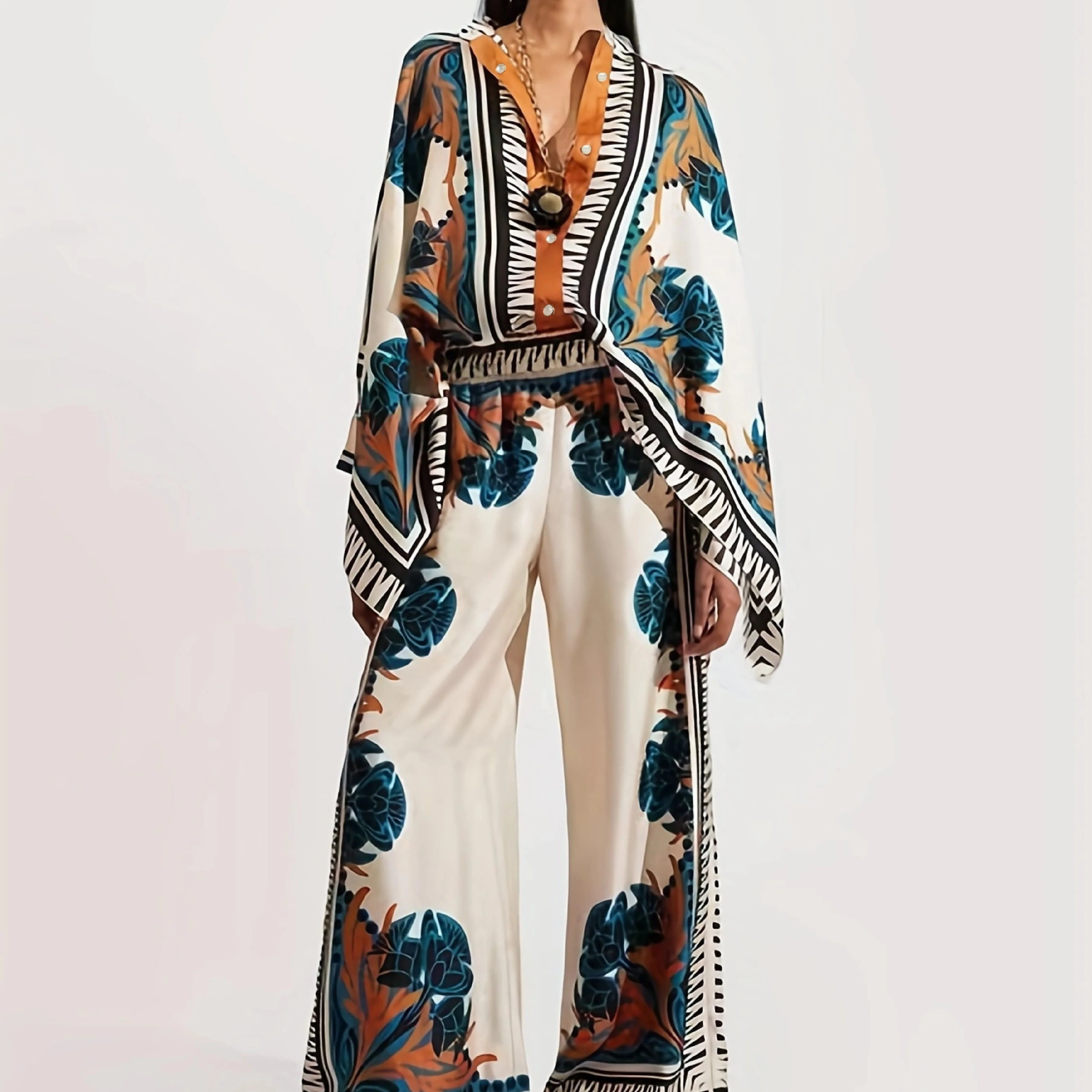 deanwangkt-1 Vacation Ethnic Print Two-piece Set, Long Sleeve Button Front Blouse & High Waist Wide Leg Pants Outfits, Women's Clothing - Deanwangkt