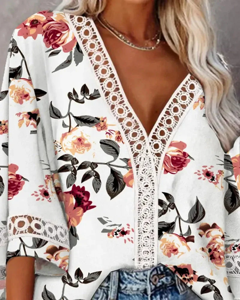 Deanwangkt - Floral Print Lace Bell Sleeve V-Neck Top - Deanwangkt